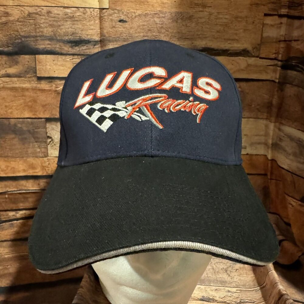 Lucas Oil Racing Apparel Navy Blue Black Embroidered Checkered Flag Hat Cap OSFM